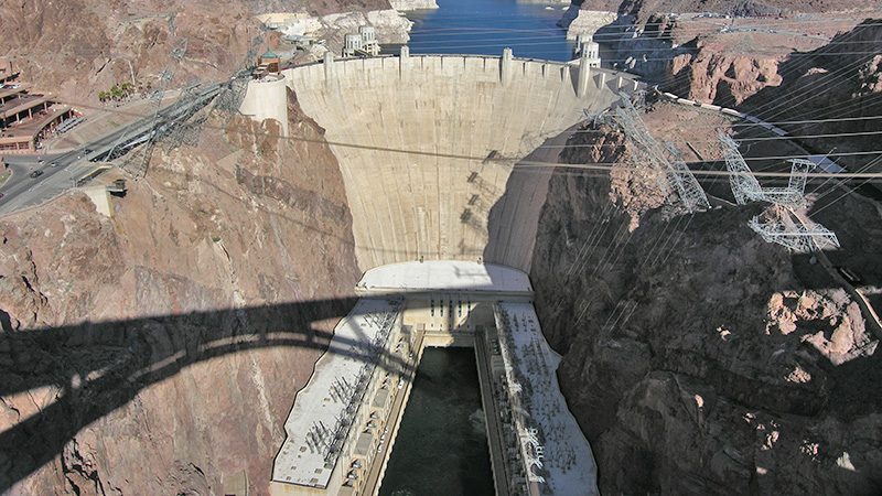 Shadow of bypass bridge is cast on Hoover Dam